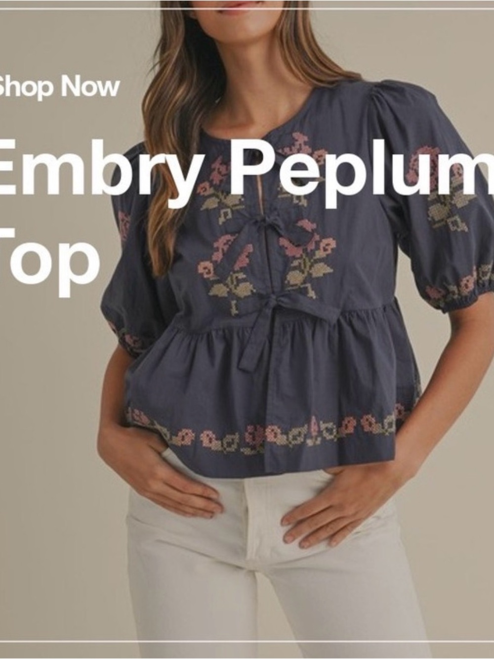 MABLE Navy Floral Embroidered Tie-Front Peplum
